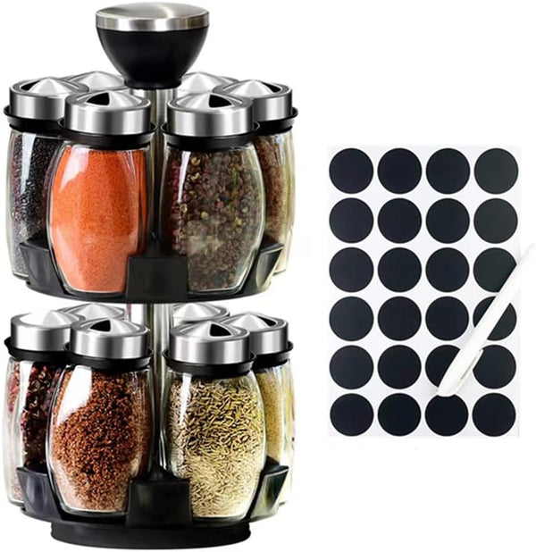 Organizador de especias giratorio con 12 frascos de vidrio en la cocina